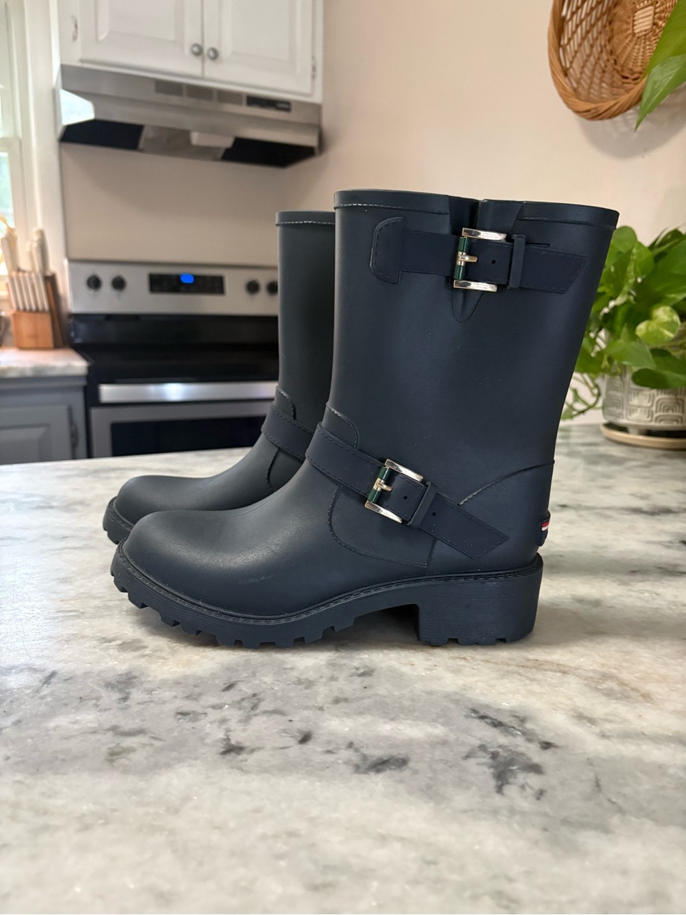 Tommy Hilfiger Matte Navy Short Rain Boots with Buckle